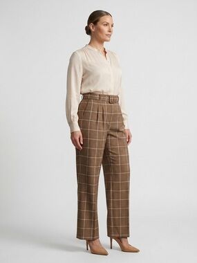 075 BIRGITTE HERSKIND Women’s Ashia Wide Leg Wool Blend Check Pant, Brown, Large